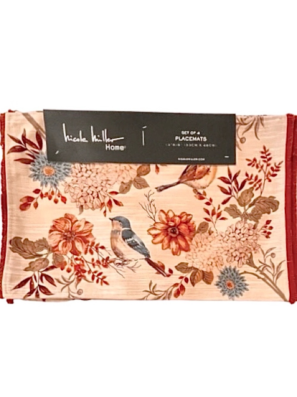 🆕-Nicole Miller Home-Set/4 Gorgeous Autumn Floral/Bird Vintage Pattern Placemats